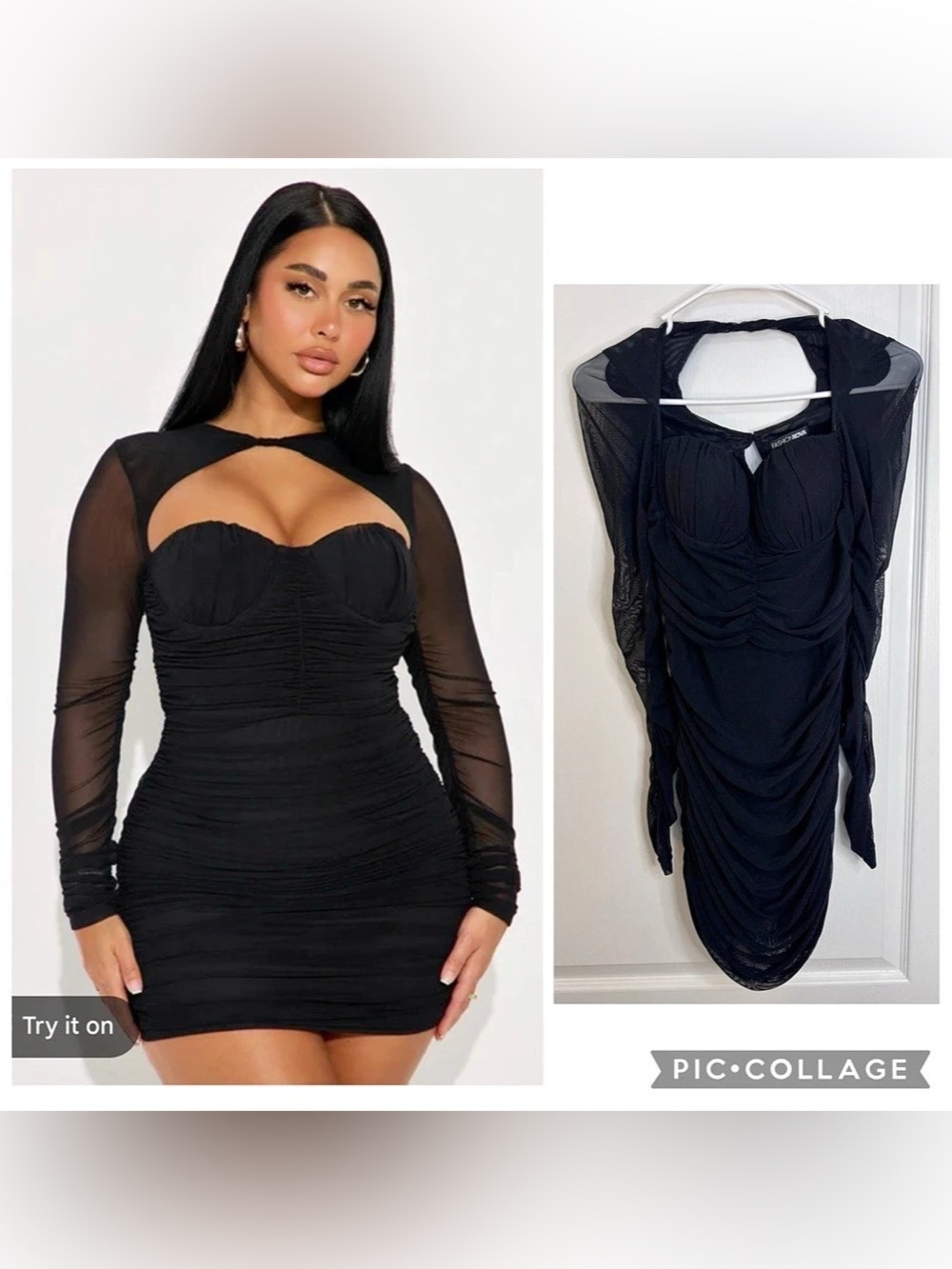 Fashion Nova Ruched Mesh Mini Dress in Black Size Medium